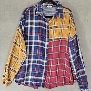 Romantic Gypsy Womens Boho Plaid Multicolor Patchwork Button Up Shirt Plus 2X